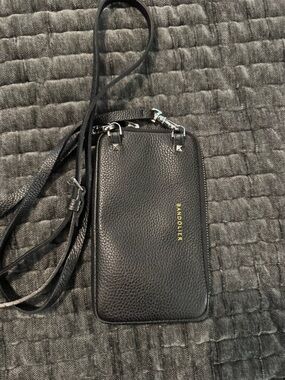 Bandolier Black Pebbled Leather Crossbody Phone Pouch with Gold Logo